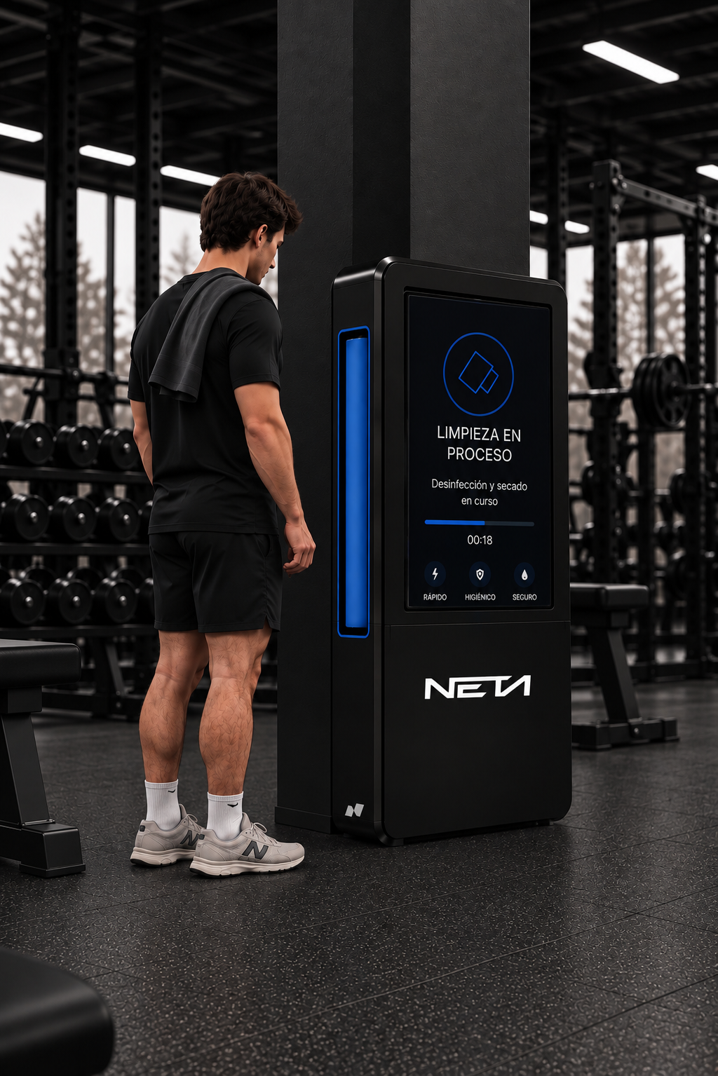 Kiosco de limpieza NETAGYM en gimnasio